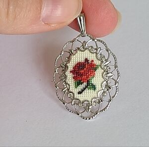 Vintage Silver Filigree Embroidered Rose Flower Petit Point Cross stitch Pendant